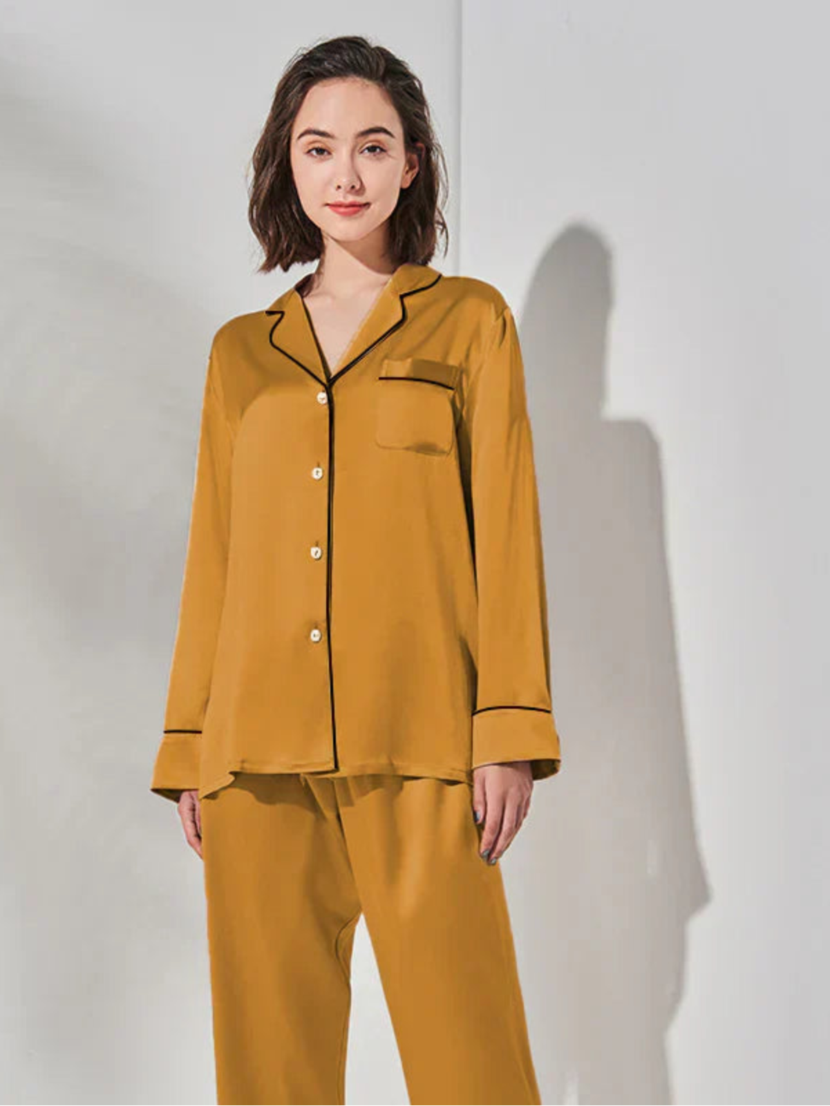 PLAIN SILK NIGHT SUIT - CAMEL BROWN