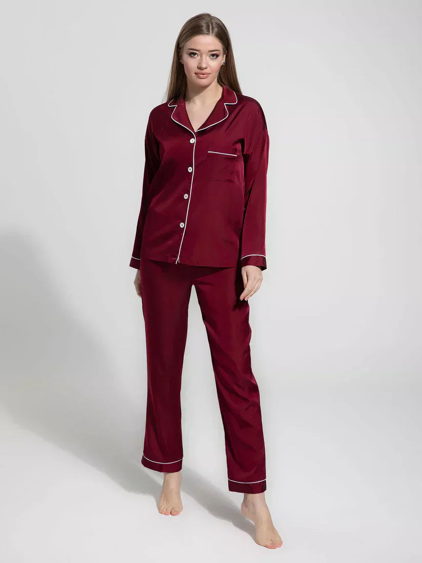 PLAIN SILK NIGHT SUIT - MAROON