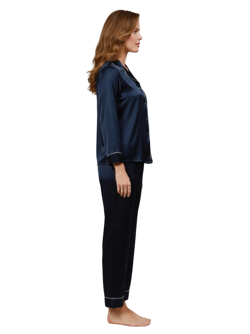 PLAIN SILK NIGHT SUIT - NAVY BLUE