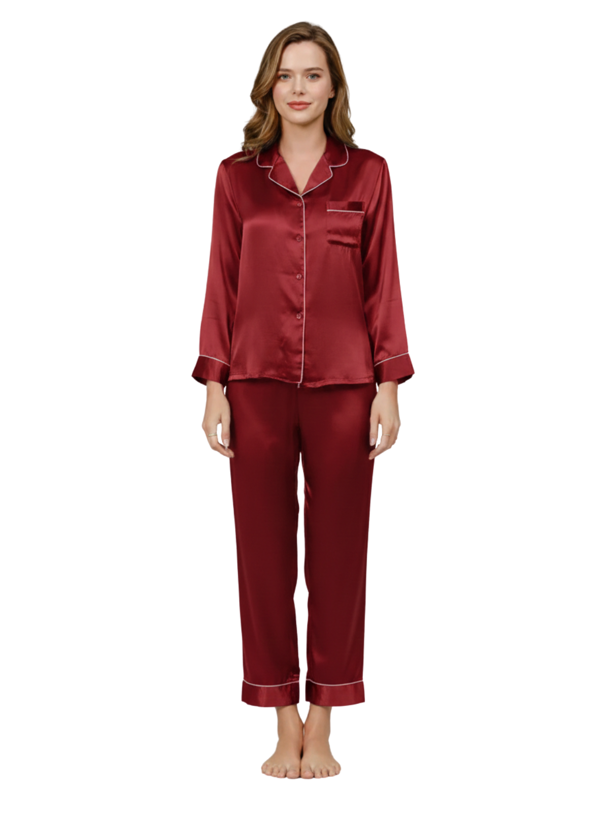 PLAIN SILK NIGHT SUIT - RED WINE