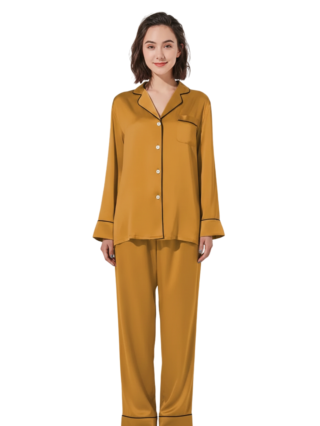 PLAIN SILK NIGHT SUIT - CAMEL BROWN