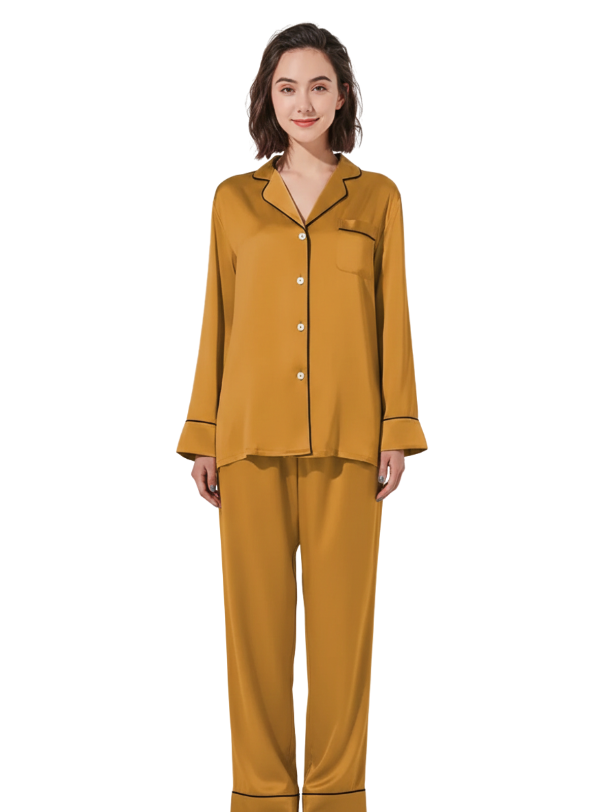 PLAIN SILK NIGHT SUIT - CAMEL BROWN