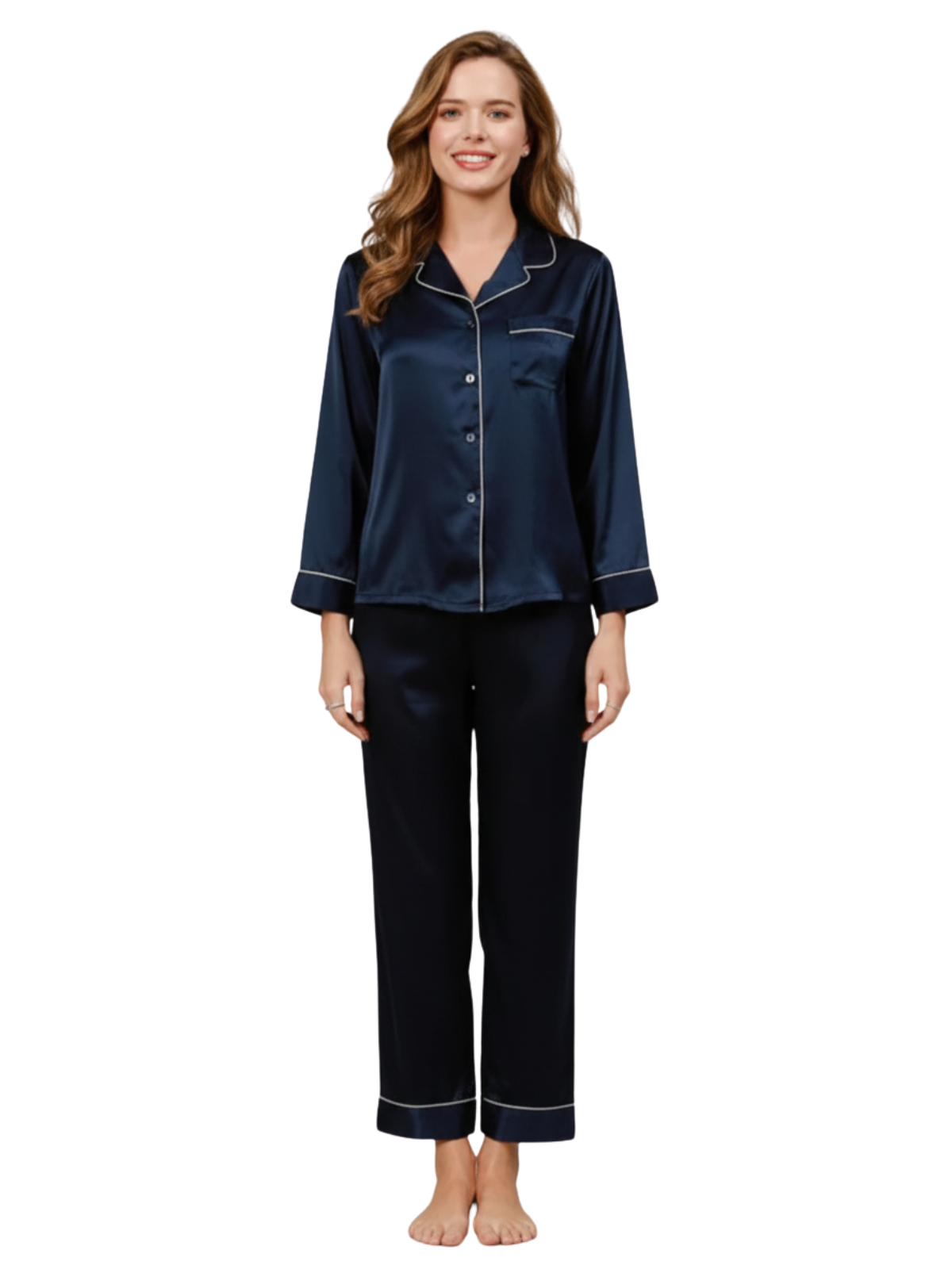 PLAIN SILK NIGHT SUIT - NAVY BLUE