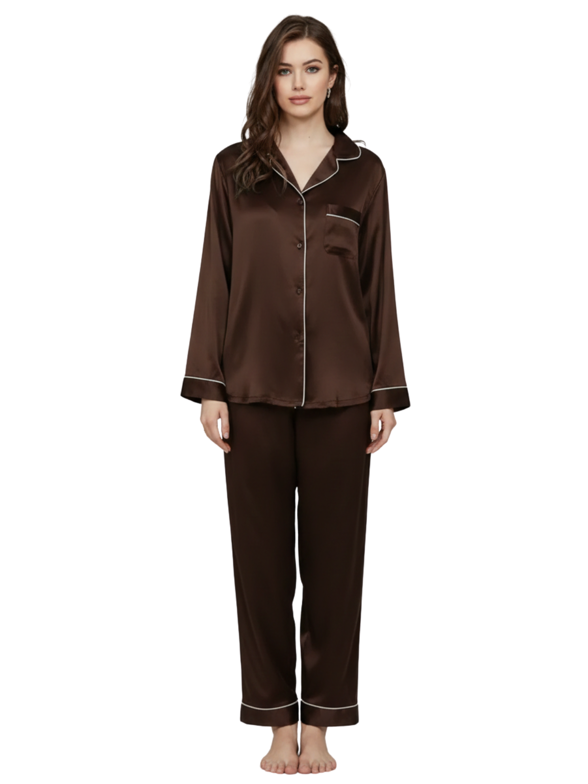 PLAIN SILK NIGHT SUIT - BROWN