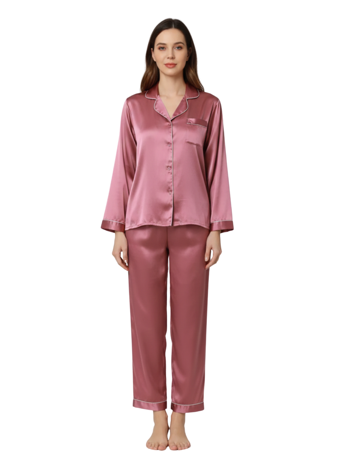 PLAIN SILK NIGHT SUIT - DARK PINK
