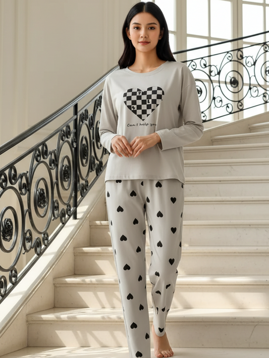 CHECKERED HEART PRINTED - PJ SUIT FOR WOMEN