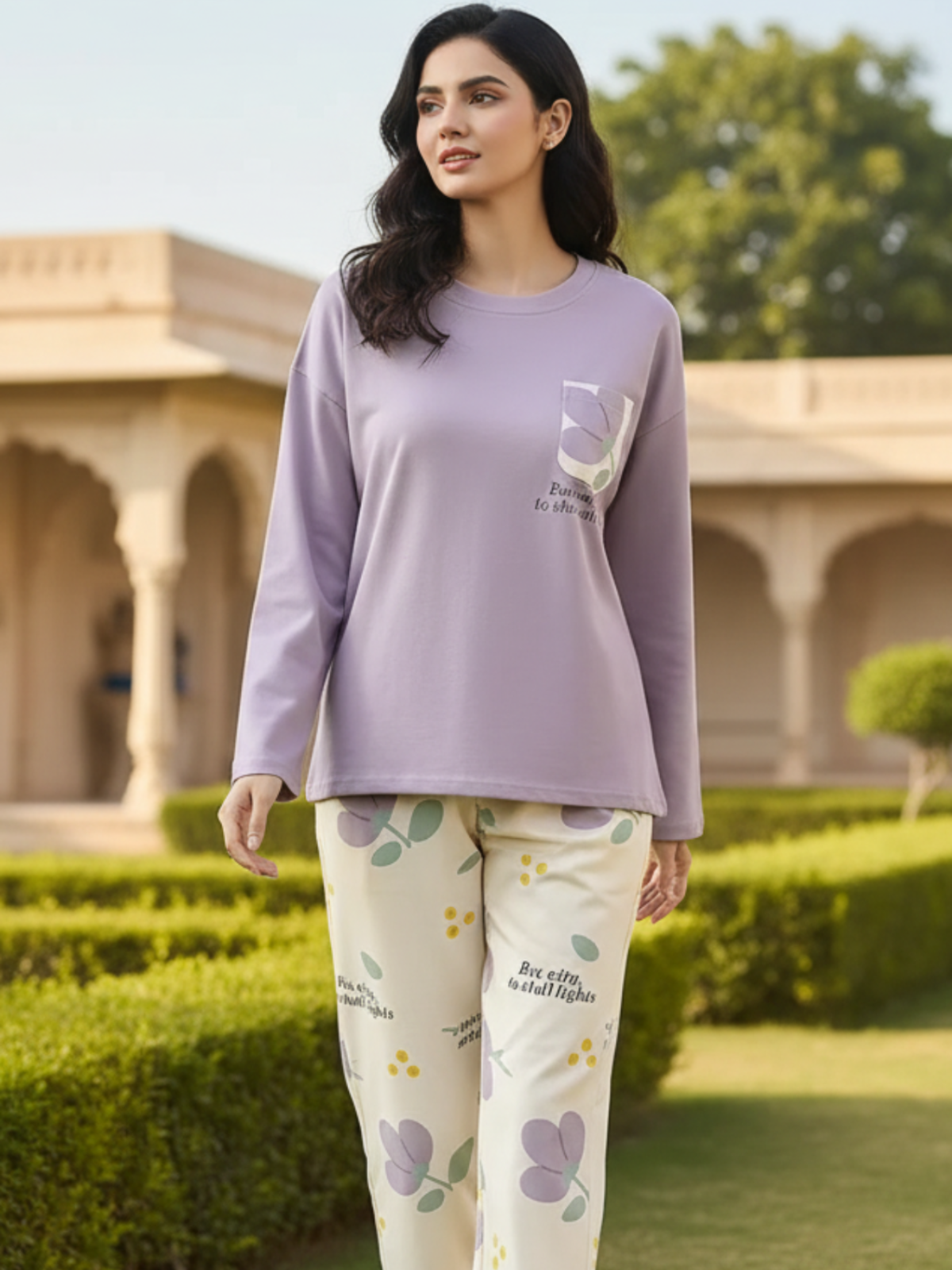 Lilac Pocket Flower Full Sleeves Pj Suit