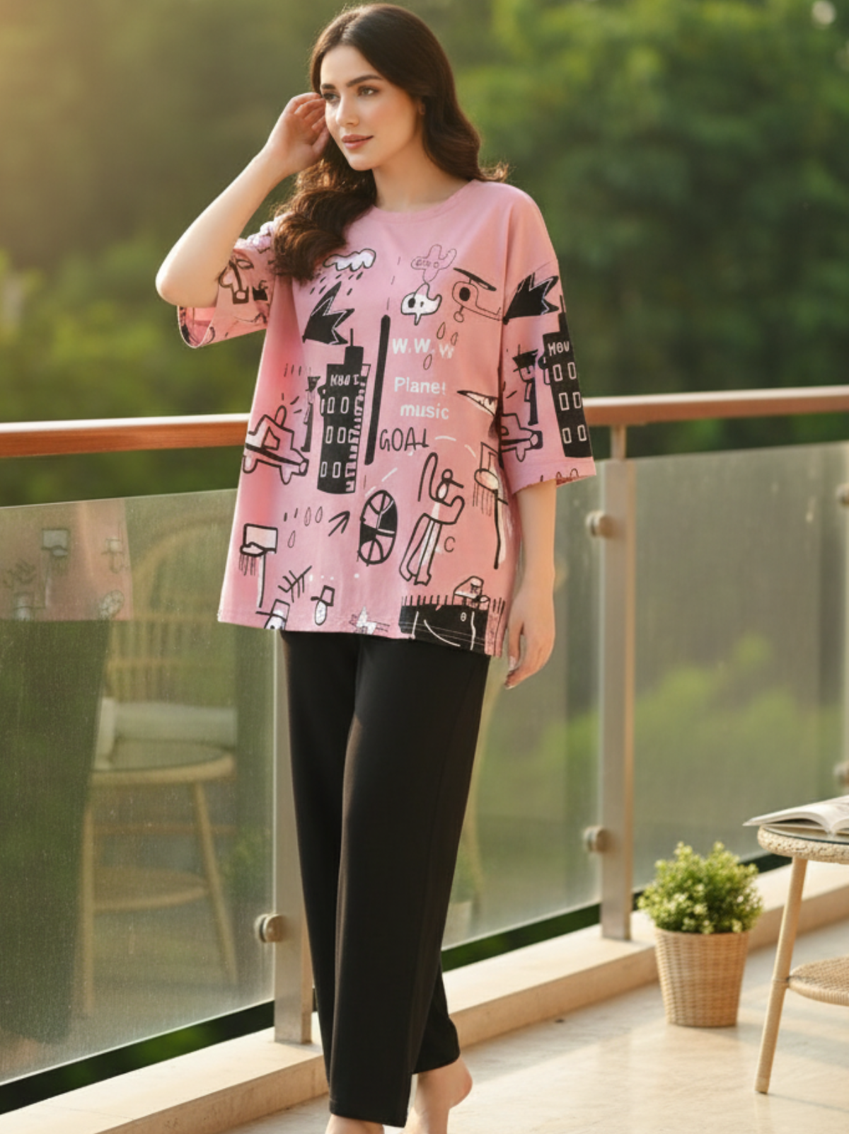 PLANET PRINTED PINK - PJ SUIT FOR WOMEN