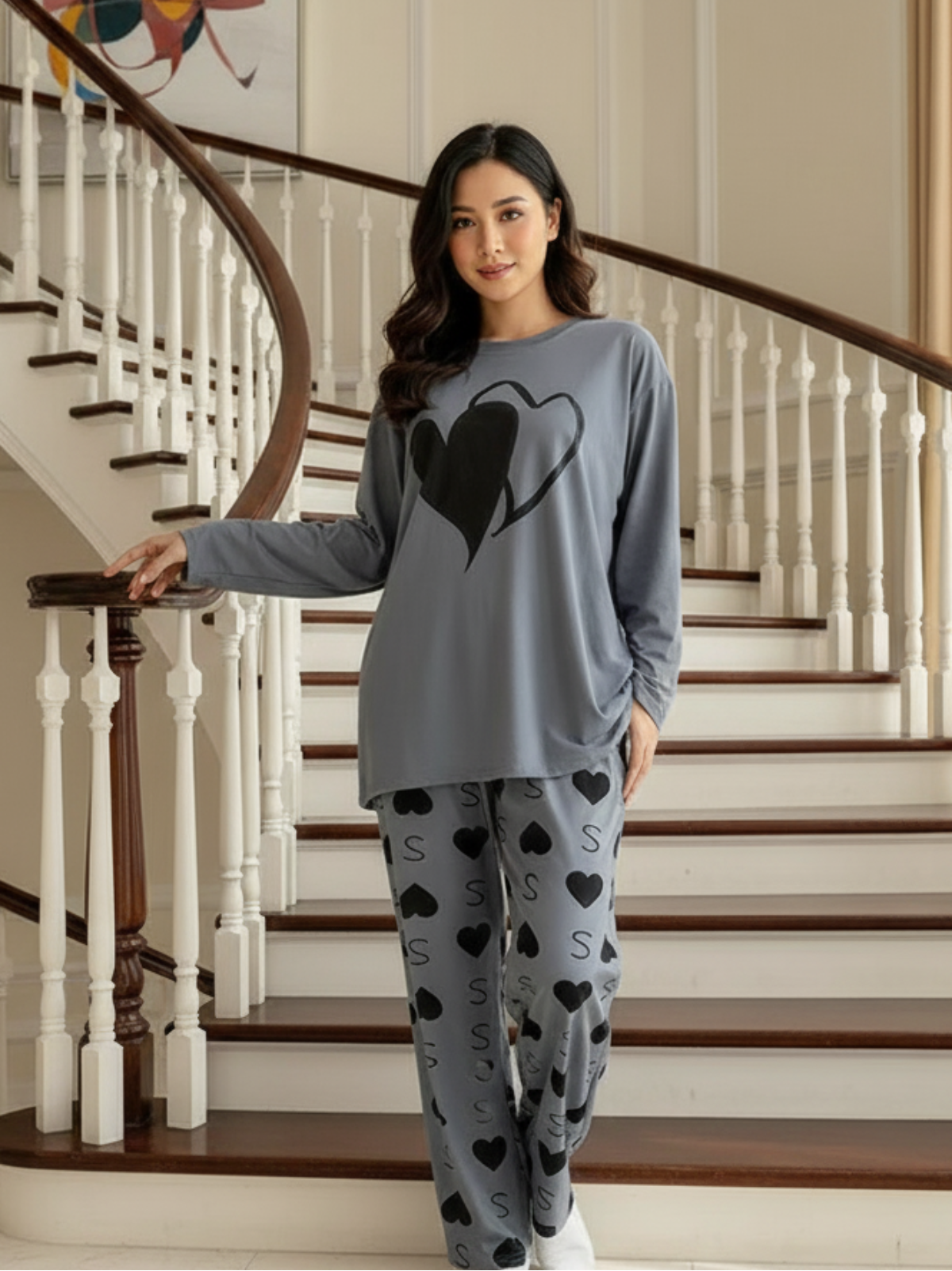 DOUBLE HEART PRINTER CHARCOAL - PJ SUIT FOR WOMEN