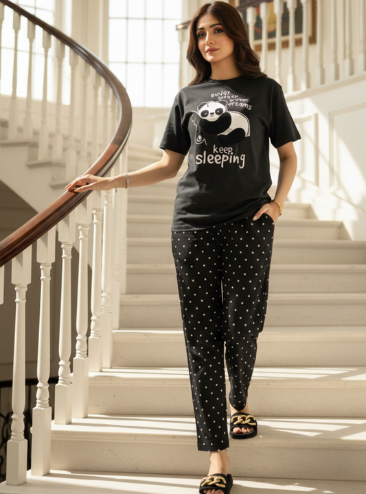 Black Never Give Up Printed Night Suit