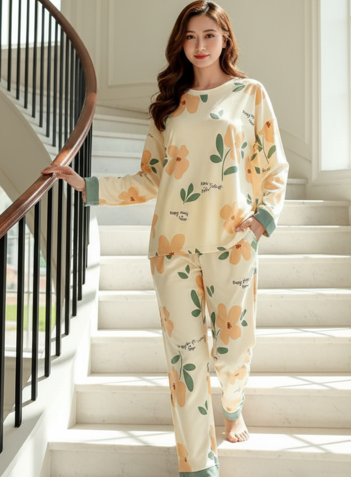 ORANGE FLOWER PRINTED PJ SUIT FULL SLEEVES PJ SUIT