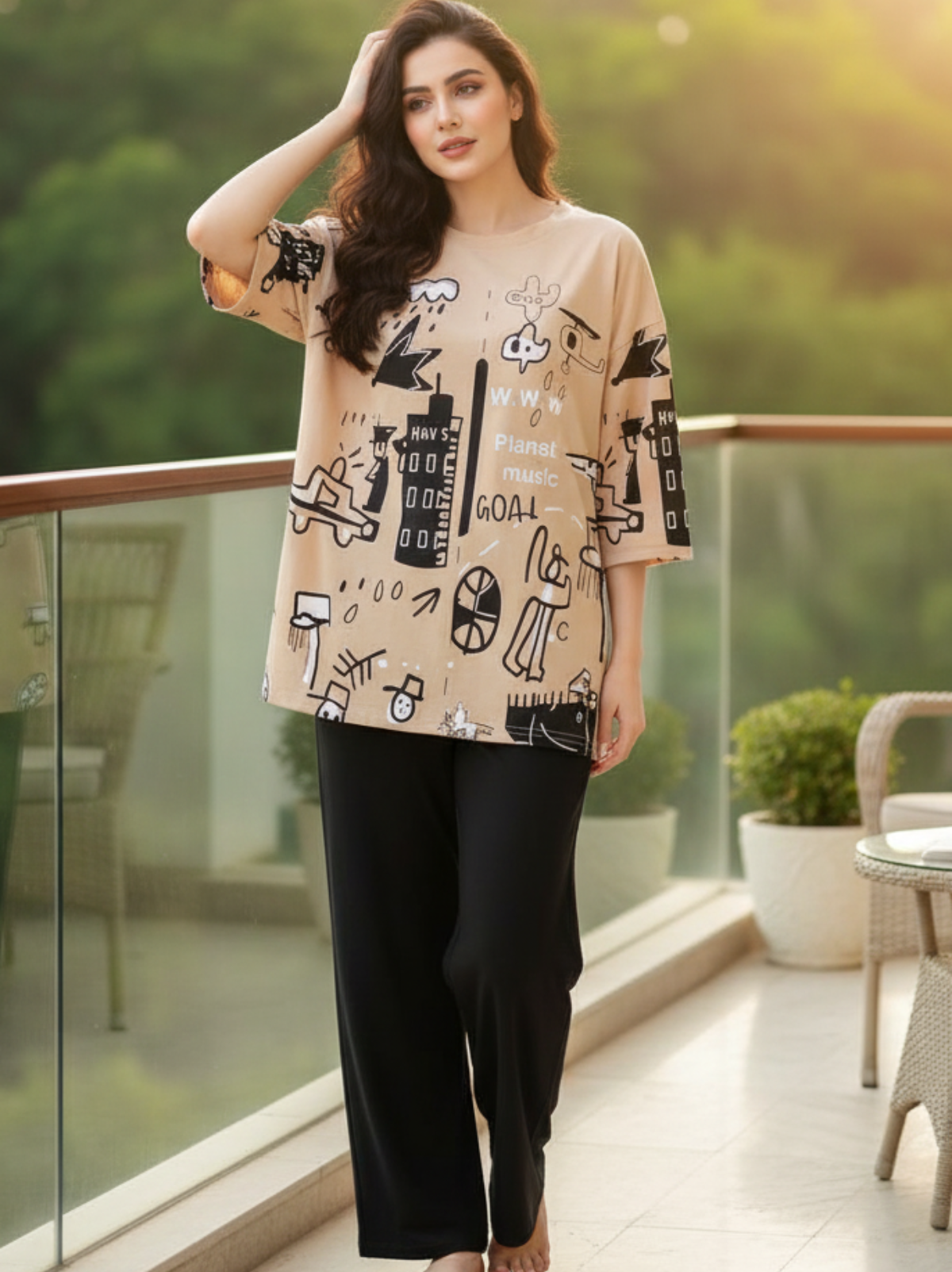 PLANET PRINTED BROWN - PJ SUIT FOR WOMEN
