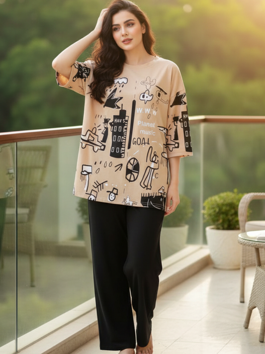 PLANET PRINTED BROWN - PJ SUIT FOR WOMEN