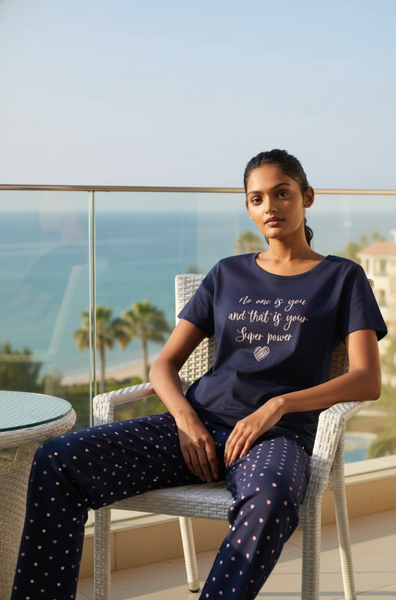 Blue Heart Printed Night Suit