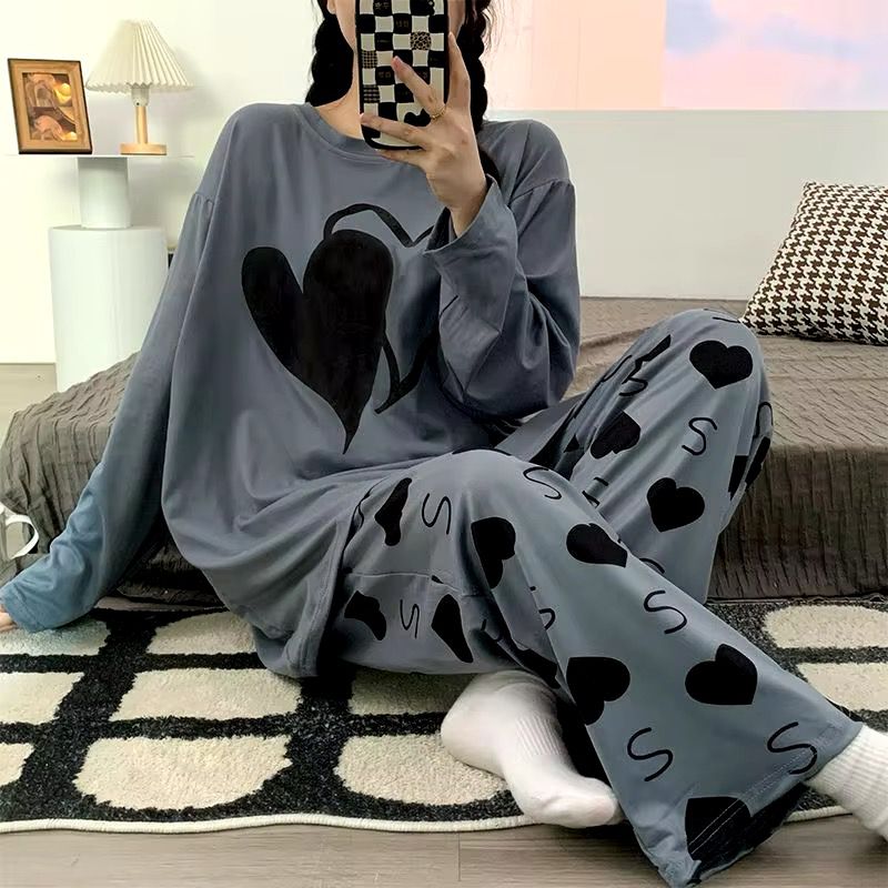 DOUBLE HEART PRINTER CHARCOAL - PJ SUIT FOR WOMEN