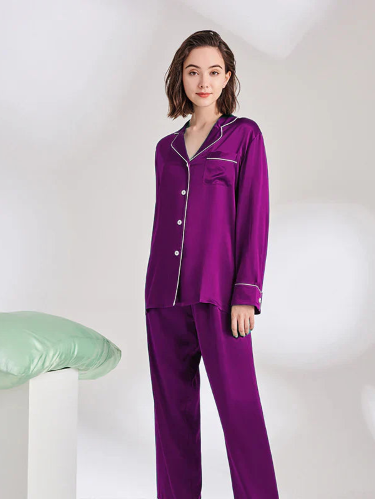 PLAIN SILK NIGHT SUIT - PURPLE