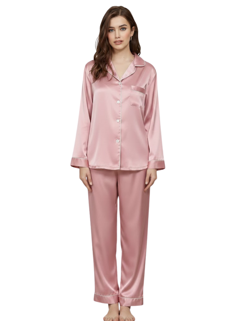PLAIN SILK NIGHT SUIT - LIGHT PINK